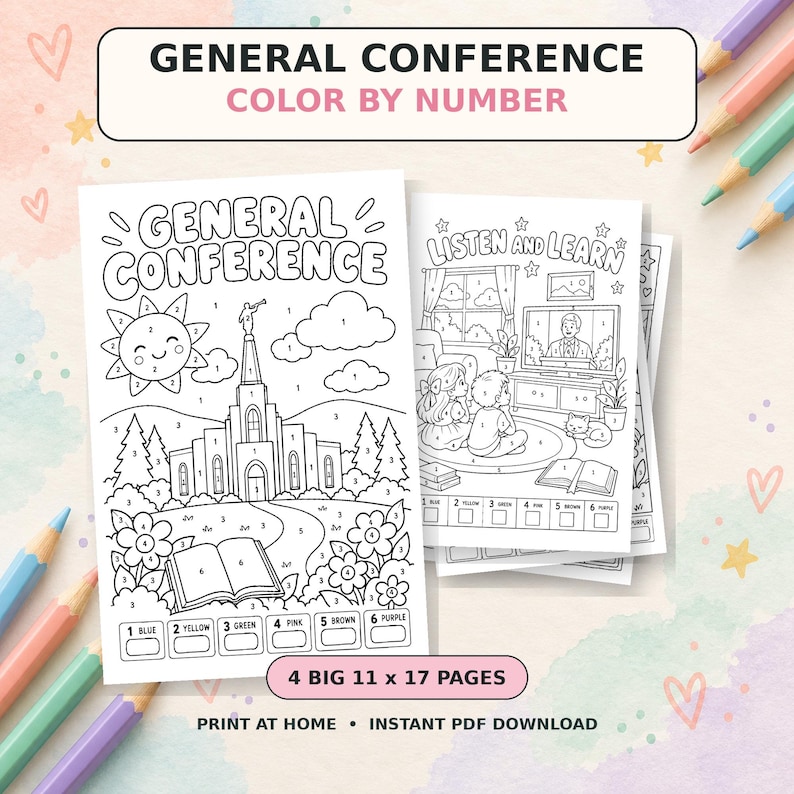 Coloe By Numbr General Conference Color by Number Bundle for Kids, 4 Large 11x17 LDS ...