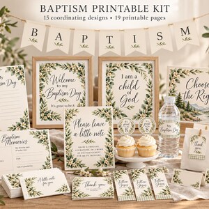 May include: A baptism printable kit featuring 15 coordinating designs and 19 printable pages. The set includes signs, cards, and banners decorated with green leaf and white flower borders, displaying text such as Baptism, Welcome to my Baptism Day, I am a child of God, Choose the Right, and Thank you.
