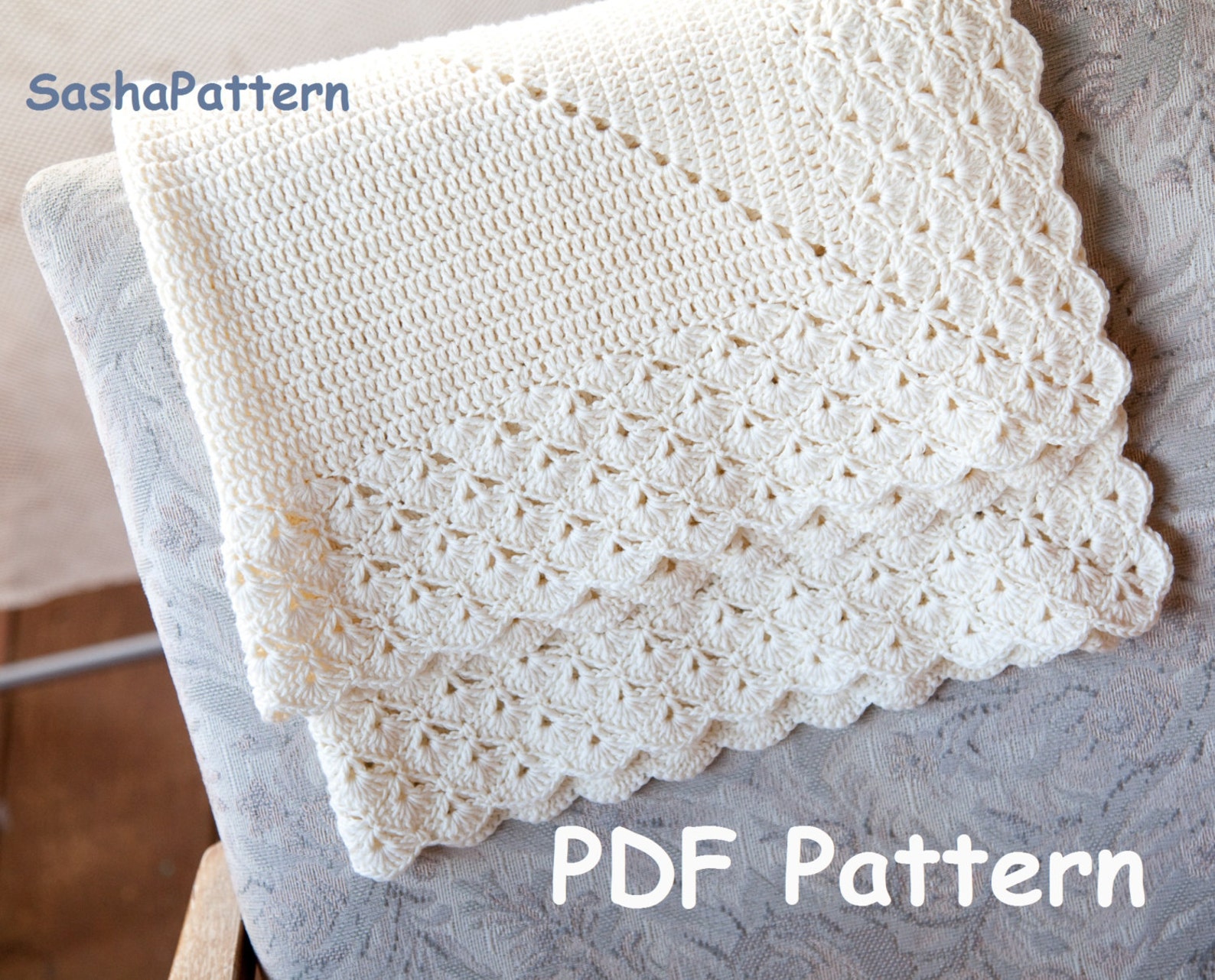 Crochet Blanket Pattern with Scalloped Edge square baby Etsy
