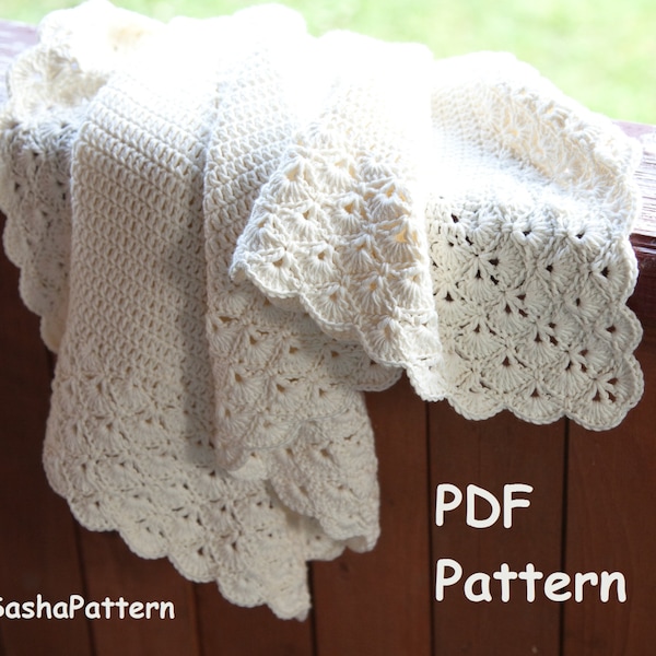 Crochet baby blanket with lacy border pattern – square baby afghan shell stitch pattern