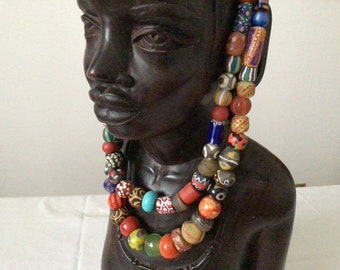 Colored Ethnic Necklace Mix AfricanTrade beads Necklace. Two strands Recycled glass Krobo. Gr. 203