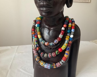 Ethnic Necklace, 3 Strands of Colored and Painted Recycled African Glass Krobo Tribe. From Ghana. Gr.219