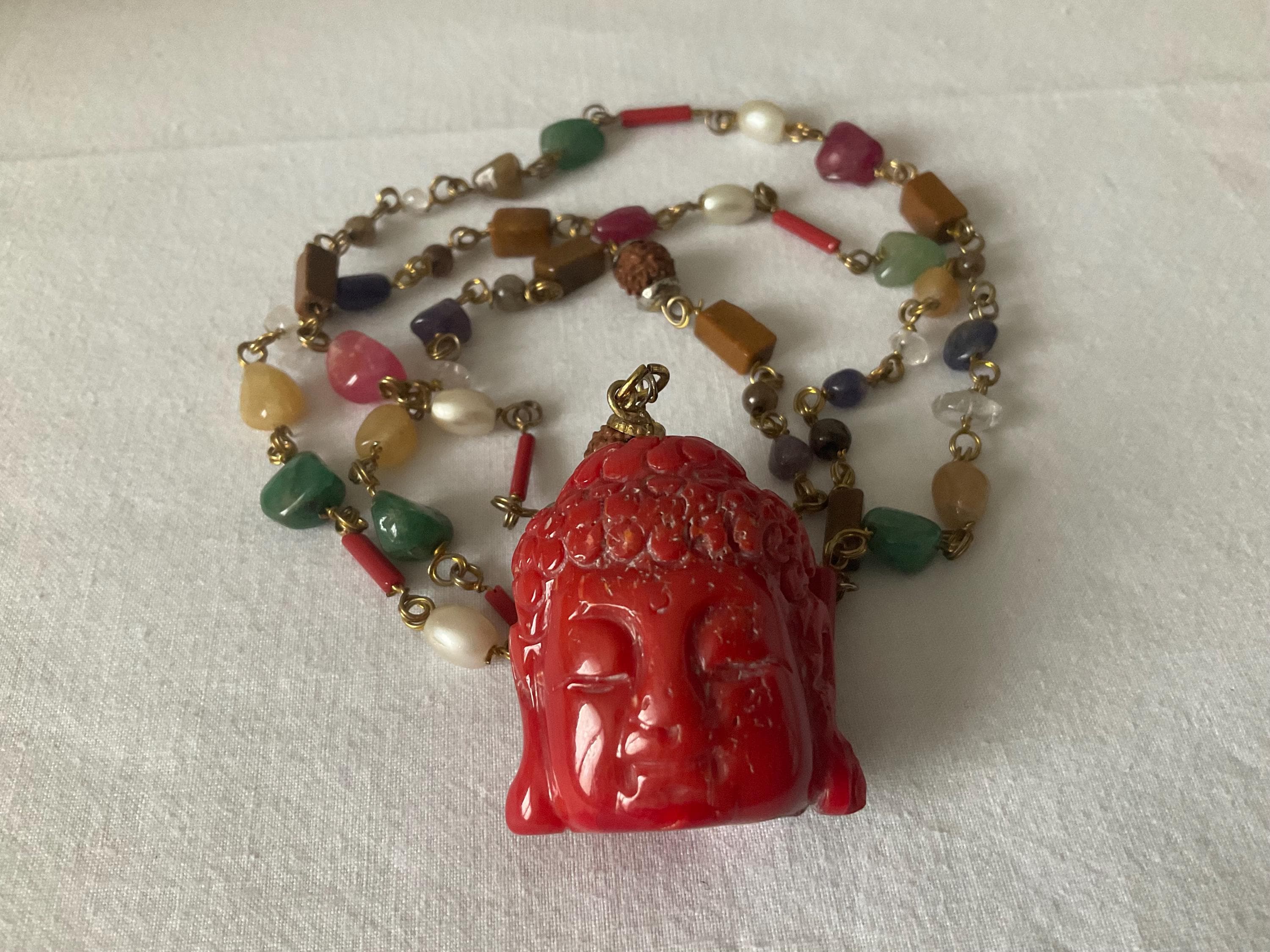 Pendentif Bouddha Chaîne Couleur Or - Corail Rose - Bijou Vintage Porte-bonheur