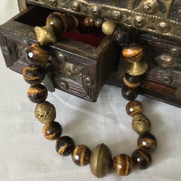 Large Faceted Tiger Eye semi precius stones and Ashanti Brass beads From Ghana Necklace . Gr.167