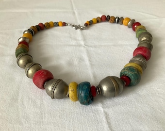 Old Afghan Turkmen Silver and Old Venetian and African Glass Necklace .Gr.140