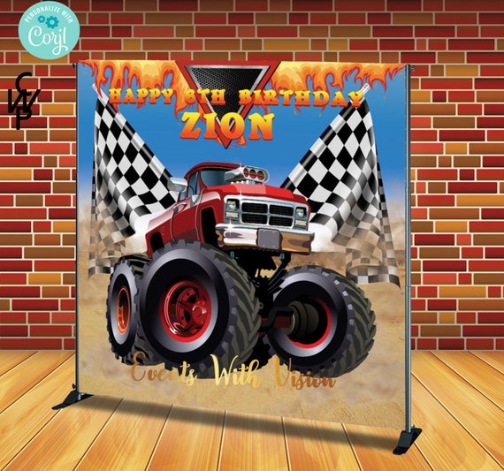 INSTANT ACCESS - Edit Yourself - 8'x8' Monster Truck, Race Car Birthday Backdrop, Big Dirt trucks,Birthday Il_570xn