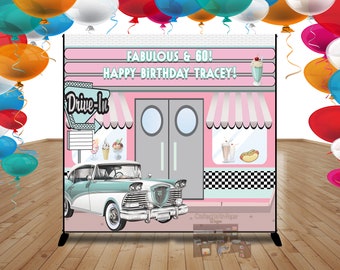 Telón de fondo de tema retro de 1950, fondo de pancarta de cumpleaños vintage diner, decoración de fiesta de restaurante retro