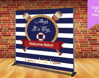 Könnte beinhalten: Ein blauer und weiß gestreifter Hintergrund mit einem Seilkreis und dem Text "Ahoy! It's a Boy! Welcome Baby!" in goldenen Buchstaben. Der Hintergrund zeigt auch zwei rot-weiße Ruder, die in der Mitte gekreuzt sind. Der Text "Events With Vision" ist in goldenen Buchstaben unten.
