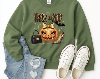 Truco o elegancia PNG de Halloween / Diseño de sublimación de calabaza glamurosa / Descarga digital de otoño con estampado de leopardo / Clipart de Halloween elegante y de bruja de moda
