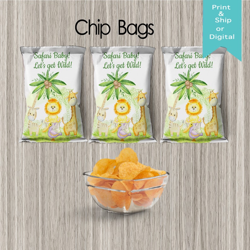 Safari Jungle Chip Bags wild and Free, Wild One, Elephant DIGITAL Printed Digital image 1