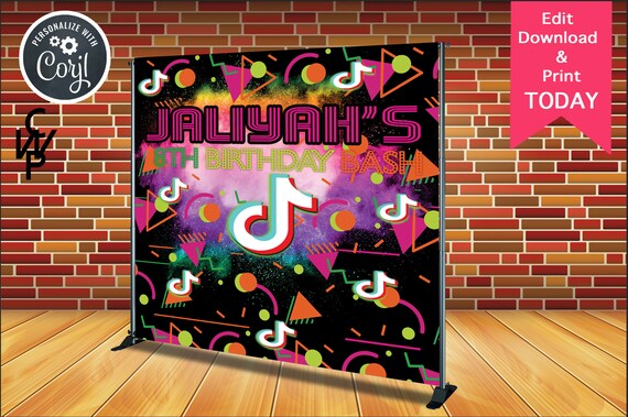 INSTANT ACCESS - Edit Yourself - Print Today - 8'x8' Glow In The Dark - Music Theme, Tiktok/Tiktok Bash/Birthday/Baby Shower Backdrop Il_570xn