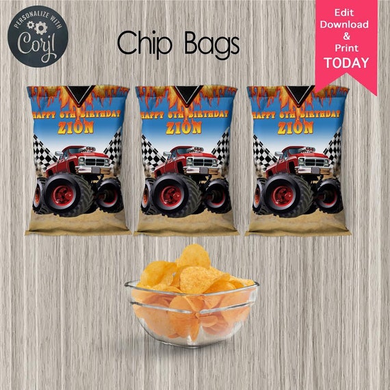 Edit today- Print it Today - Monster Truck - Racing - Chip Bags - Edit & Print TODAY Il_570xn