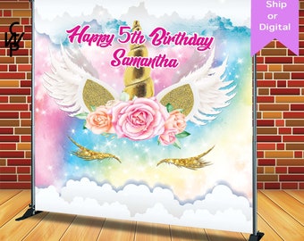 Unicornio personalizado con telón de fondo / banner, cualquier diseño / fondo de cumpleaños, archivo impreso o digital