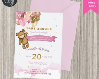 DIGITAL INVITATION - Bearly Wait - Pink-Gold Balloons