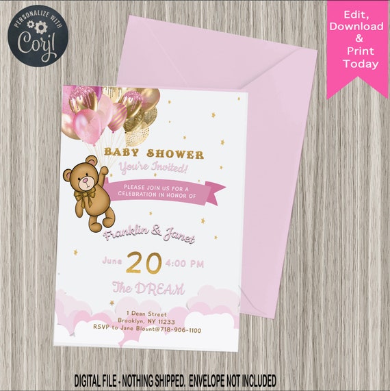 DIGITAL INVITATION - Bearly Wait - Pink-Gold Balloons Il_570xn