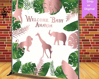 Safari Jungle Theme Backdrop/banner, Rose Gold Safari Baby Shower Backdrop, Printed Or Digital File