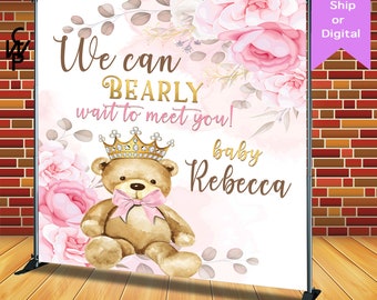Bearly Wait Princess - Fondo / banner de tema rosa, cualquier diseño / cumpleaños / fondo de baby shower, impreso