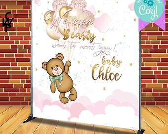 ACCESO INSTANTÁNEO - Edítese a sí mismo - Imprimir hoy - 8'x8' Bearly Wait / Bearly Wait - Rosa - Oro - Globo Temático / Cumpleaños / Baby Shower Telón de fondo