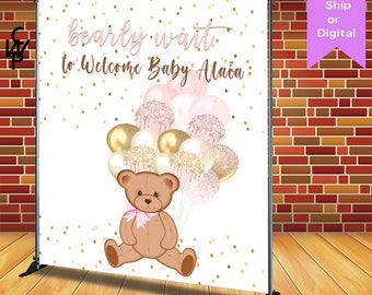 Pink Bearly Wait Balloon Theme Backcurtain / banner, Any Design / Birthday / Baby Shower Backtelón de fondo, impreso