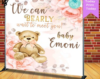 ACCESO INSTANTÁNEO - Edítese a sí mismo - Imprima hoy - 8'x8' Bearly Wait / Bearly Wait - Rosa - Oro - Fondo de baby shower