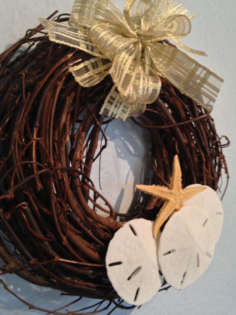 Starfish and Sand Dollar Grapevine Wreath \u2022 Embellished with a Gold Bow \u2022 Exclusive Design Beachy Home Decor \u2022 Crafts by the Sea