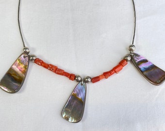 Vintage Liquid Sterling Silver Coral Abalone Necklace Handmade