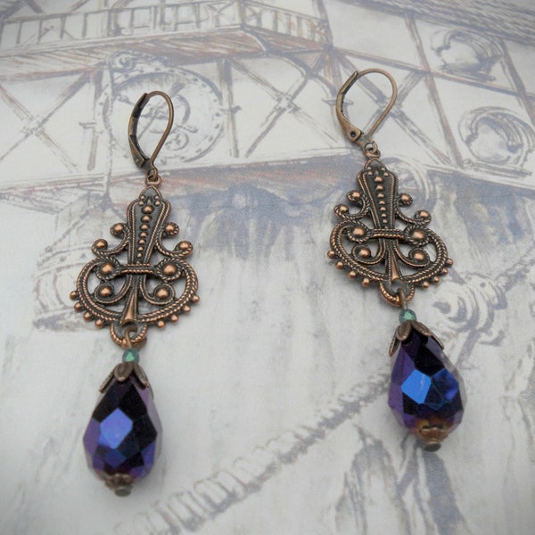 Art Nouveau style earrings, oxidized / antique copper, metallic purple crystal glass beads, moss green Czech glass beads, leverback hooks