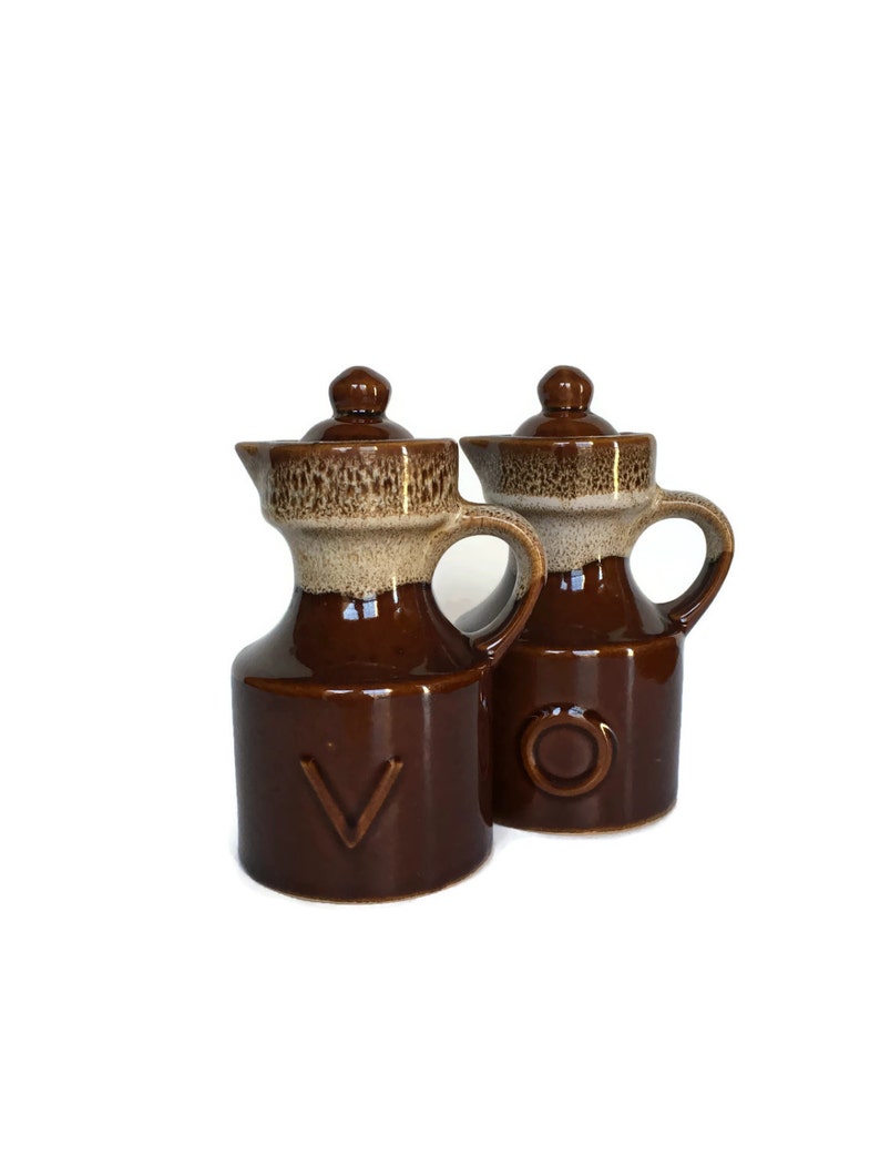 Vintage drip glaze vinegar and oil cruet set of ceramic Etsy