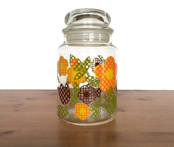 Gingham Flower Storage Jar Vintage Glass Kitchen Canister Etsy