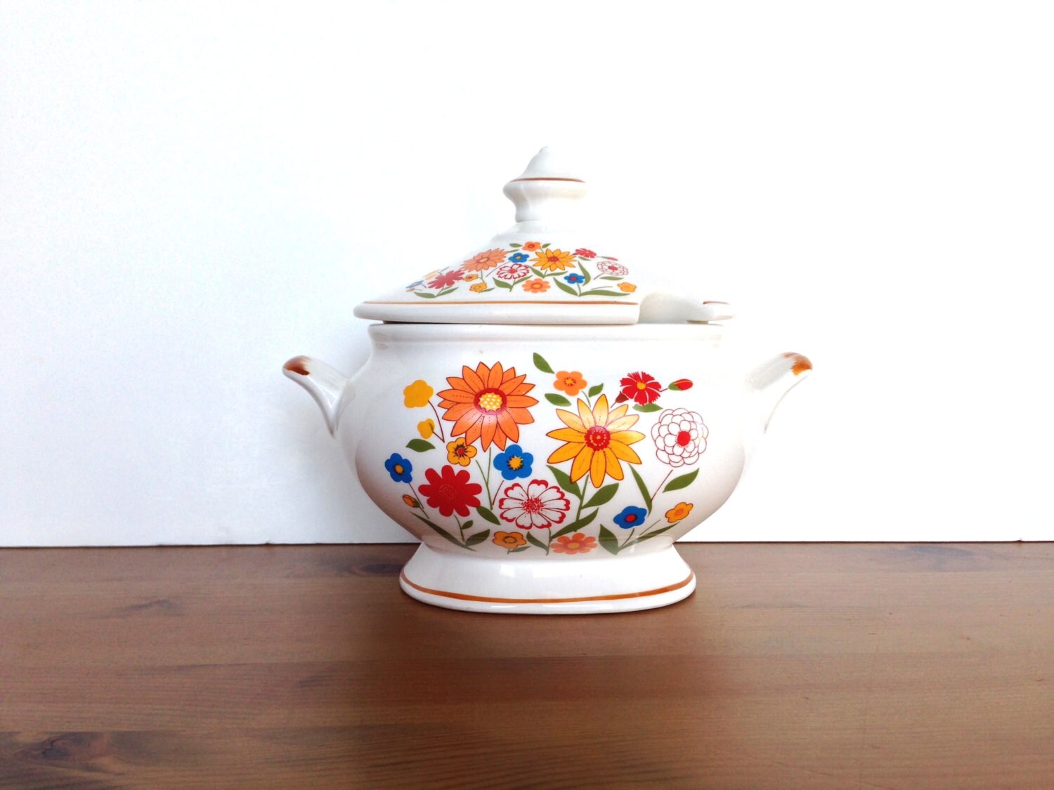 Vintage soup tureen bowl ceramic orange and yellow floral Etsy