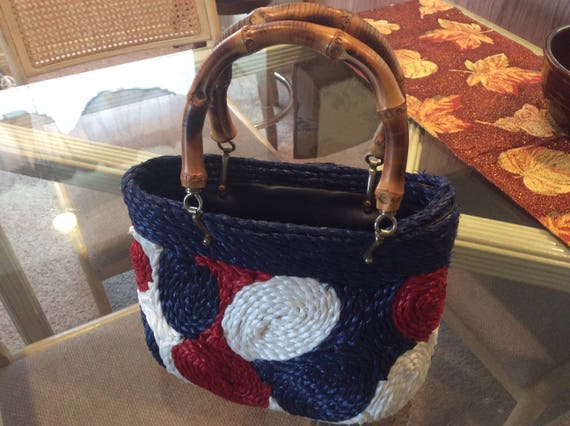 Walborg Red, White, and Blue Raffia Patterned Han… - image 1