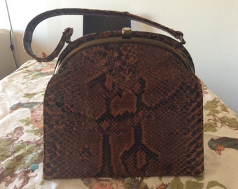 Vintage 1960's Brown Snake Skin Leather Handbag