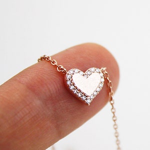 Dainty Brushed Gold Heart Necklace: Cubic Zirconia Pendant, Minimalist Love