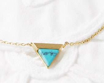 Gold Framed Turquoise Stone Triangle Pendant Necklace Bridesmaid Gift Bridesmaid Necklace Simple and Modern Necklace