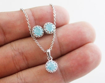 Mint Blue and Peach Color Opal Stone necklace and Earrings Set Wedding Jewelry Bridesmaid Gift