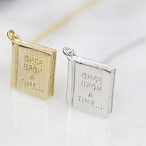 Gold / Silver Book Pendant with once upon a time initial Necklace. Simple and Modern Necklace.Birthday Gift image 7
