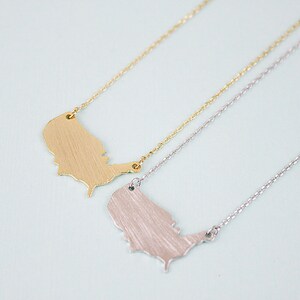 May include: Two necklaces with a brushed metal finish, each featuring a pendant shaped like the outline of the United States.