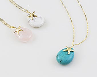 Teardrop Marble Stone with Starfish Necklace Bridesmaid Gift Bridesmaid Necklace Wedding Jewelry .