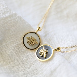 Gold Bumblebee Necklace – Enamel Medallion Charm – Dainty Bee Pendant in Black or White – Cute Nature-Inspired Jewelry Gift for Her