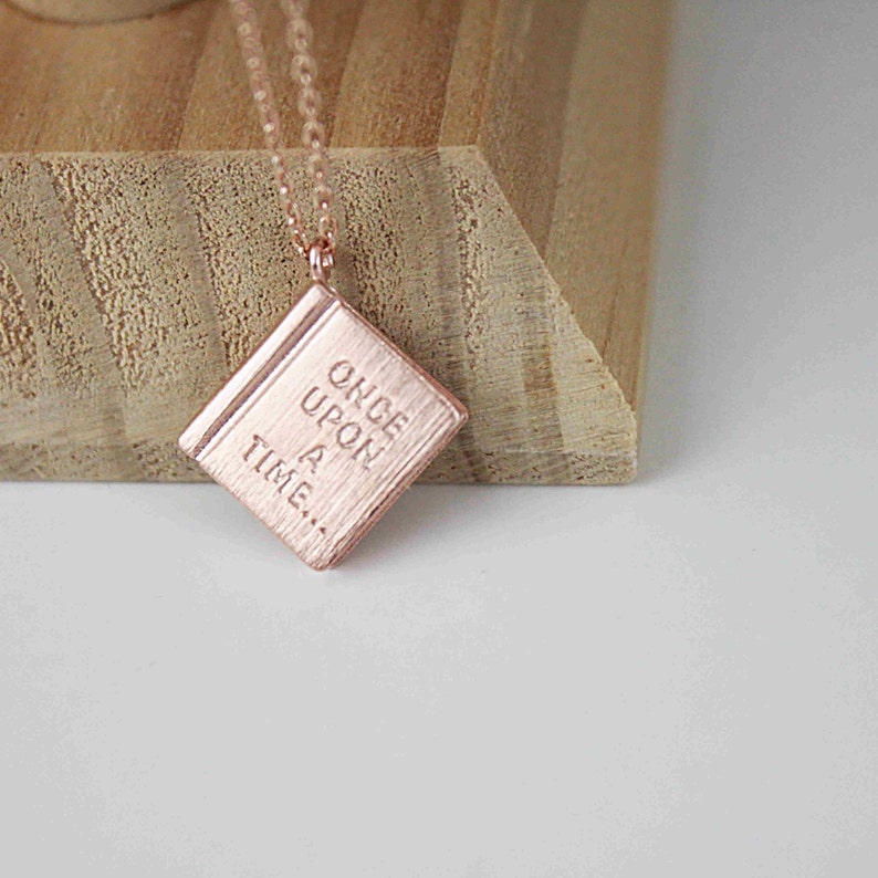 Gold / Silver Book Pendant with once upon a time initial Necklace. Simple and Modern Necklace.Birthday Gift image 2