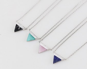 Silver Framed Gemstone triangle Pendant Necklace Bridesmaid Gift Bridesmaid Necklace Dainty and Modern Necklace Birthday Gift