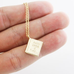 Gold / Silver Book Pendant with once upon a time initial Necklace. Simple and Modern Necklace.Birthday Gift image 1