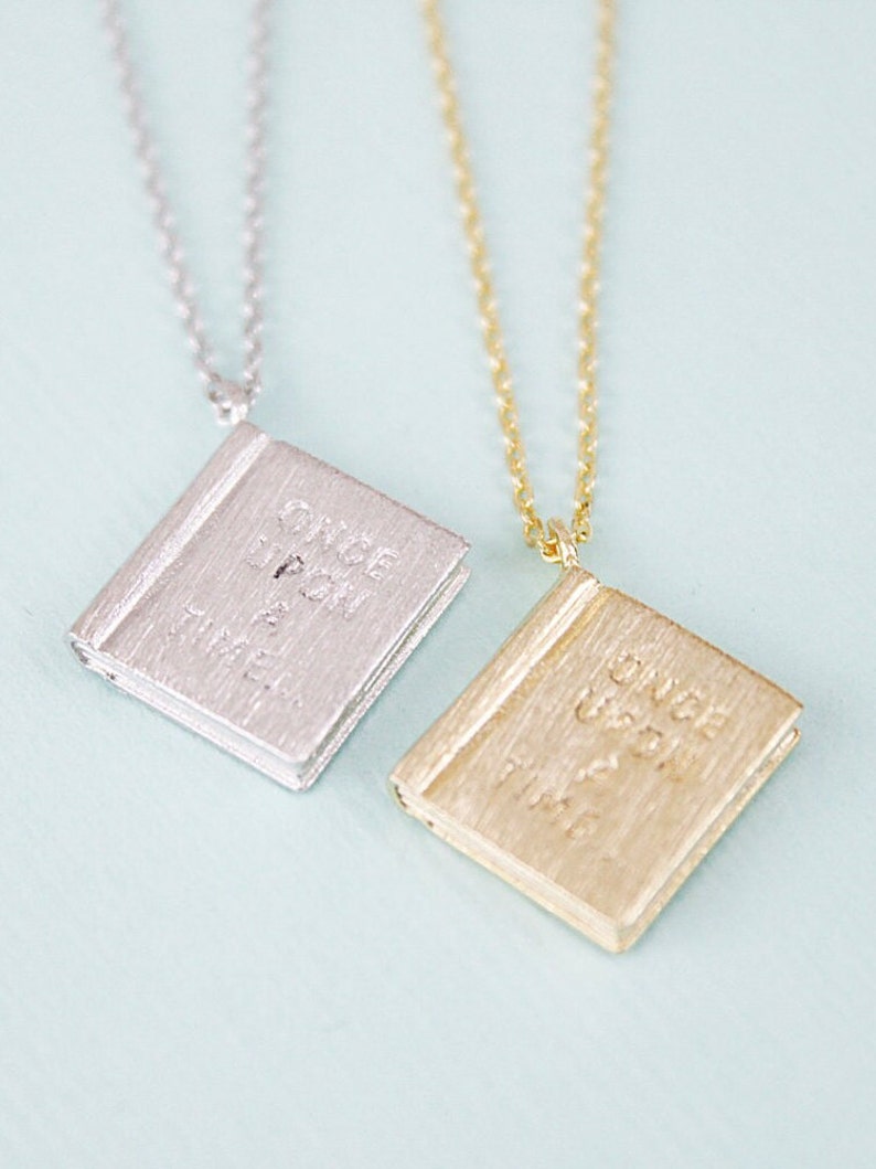 Gold / Silver Book Pendant with once upon a time initial Necklace. Simple and Modern Necklace.Birthday Gift image 5