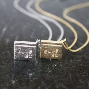 Gold / Silver Book Pendant with once upon a time initial Necklace. Simple and Modern Necklace.Birthday Gift image 6