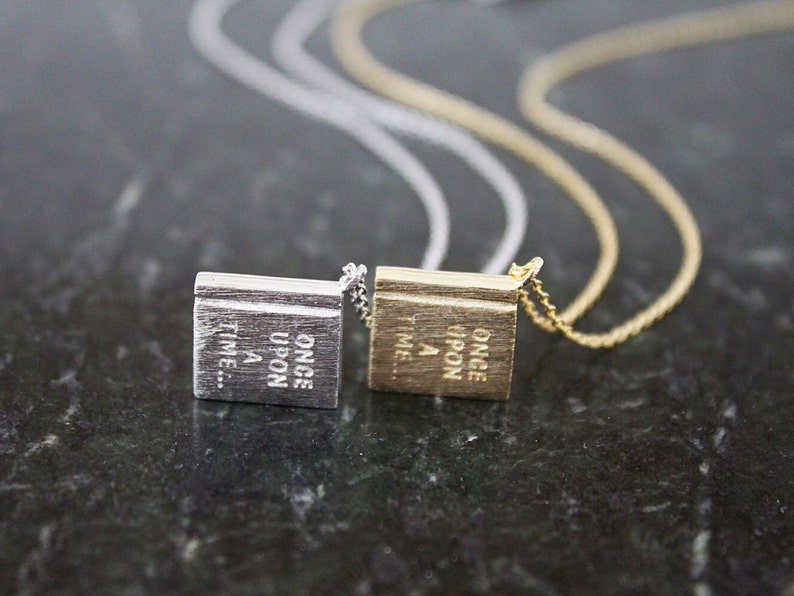 Gold / Silver Book Pendant with once upon a time initial Necklace. Simple and Modern Necklace.Birthday Gift image 6