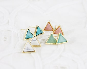 Gold Framed Marble Stone Triangle Charm Post Earrings, Bridesmaid Earrings, Bridesmaid Gift, Dainty Earrings