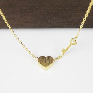 Dainty Heart Key Necklace: Gold Plated Love Pendant