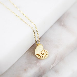 May include: A gold chain necklace with a delicate nautilus shell pendant. The pendant is made of gold and has a detailed design.