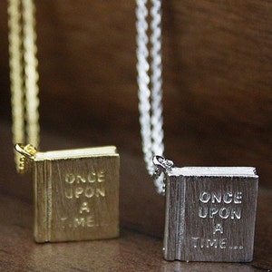 Gold / Silver Book Pendant with once upon a time initial Necklace. Simple and Modern Necklace.Birthday Gift image 4