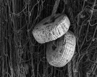 Fishing Net with Floats Nautical Black and White Fine Art Photographic Print, Artist Signed | Lobster Cove Newfoundland